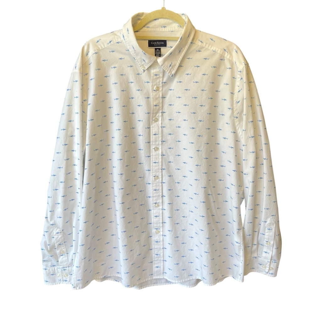 Club Room Button down shirt Shark all over print XXL White Long sleeves Slim fit